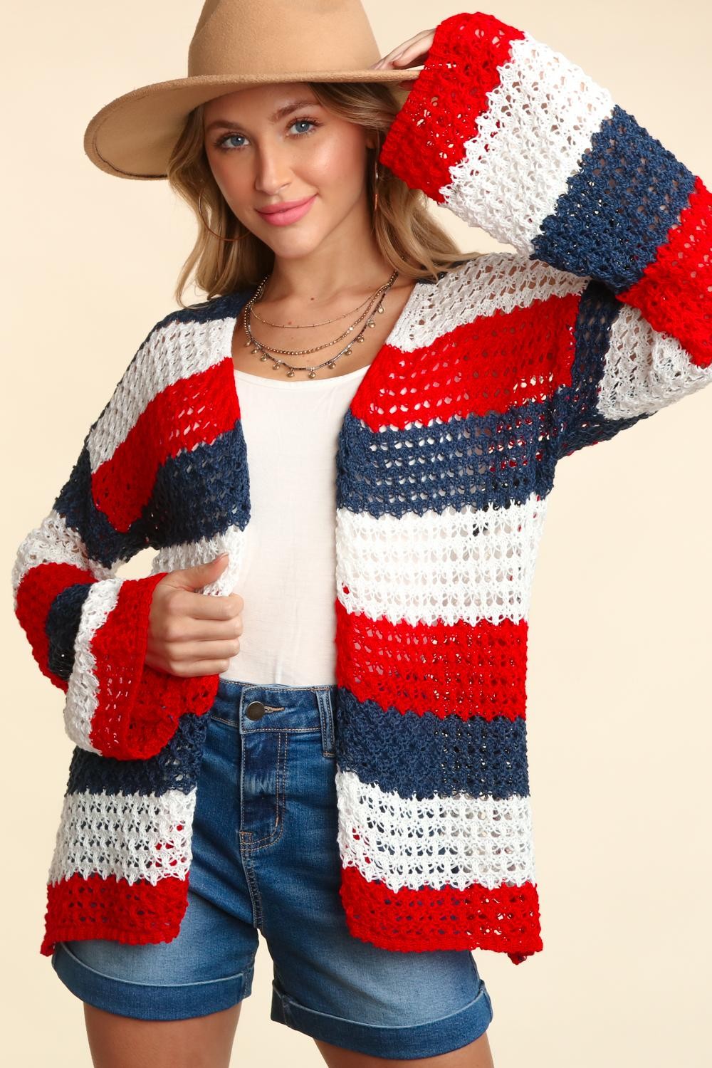 Haptics Open Front Long Sleeve Stripe Cardigan