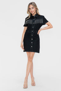 bytos Embellished Button Down Short Sleeve Denim Dress