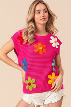 Load image into Gallery viewer, BiBi Flower Round Neck Cap Sleeve Knit Top