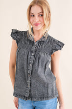 Load image into Gallery viewer, And The Why Ruffled Button Up Cap Sleeve Denim Top