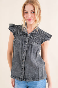 And The Why Ruffled Button Up Cap Sleeve Denim Top