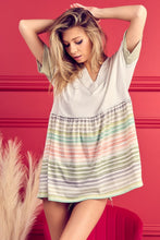 Load image into Gallery viewer, BiBi Striped Exposed Seam V-Neck Short Sleeve Blouse