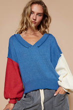 Load image into Gallery viewer, POL Exposed Seam Contrast V-Neck Lantern Sleeve Sweater
