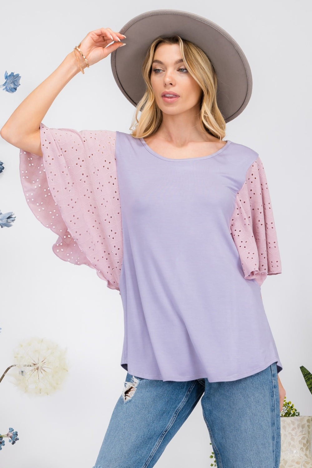 Celeste Contrast Eyelet Ruffle Sleeve Blouse