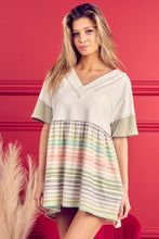 Load image into Gallery viewer, BiBi Striped Exposed Seam V-Neck Short Sleeve Blouse