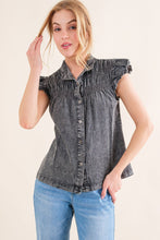 Load image into Gallery viewer, And The Why Ruffled Button Up Cap Sleeve Denim Top