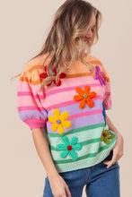 Load image into Gallery viewer, BiBi Flower Patch Puff Sleeve Striped Sweater