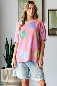 HOPELY Floral Round Neck Side Slit Waffle T-Shirt