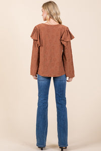 BOMBOM Ruffled Flower Round Neck Blouse