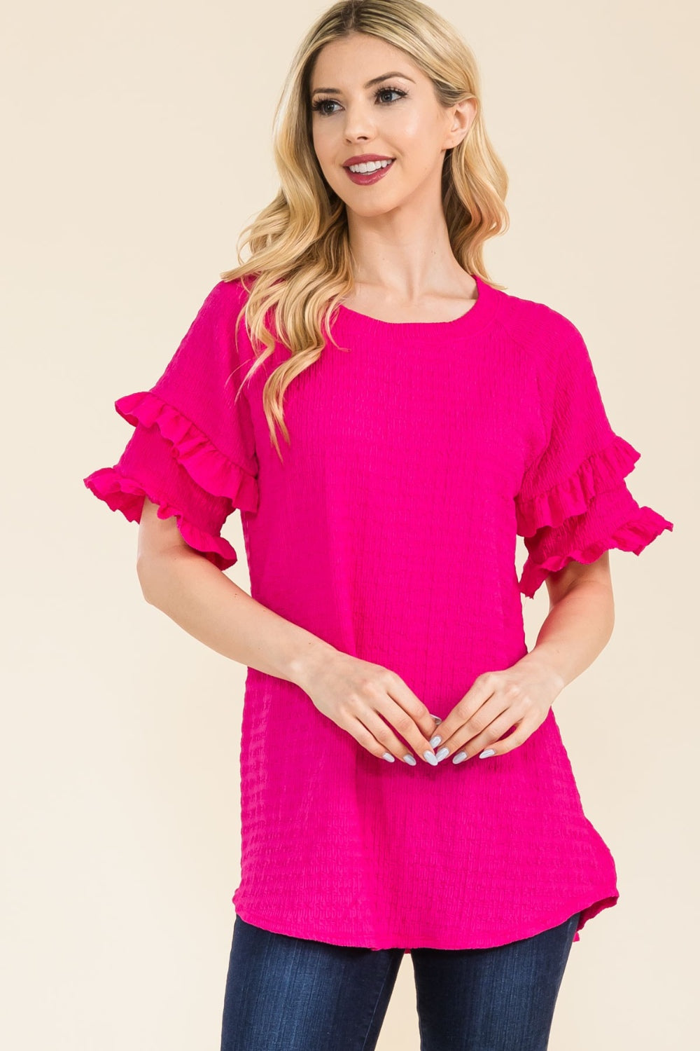 Celeste Ruffle Short Sleeve Texture Top