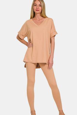 Zenana V-Neck Rolled Short Sleeve T-Shirt and Leggings Lounge Set
