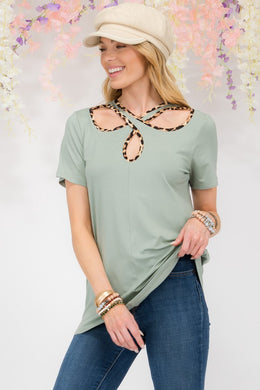 Celeste Crisscross Cutout Leopard Contrast Trim T-Shirt