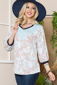 Celeste Leaf Print Contrast Trim Balloon Sleeve Top