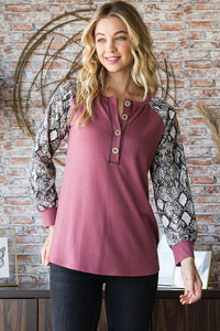 Heimish Snakeskin Print Raglan Sleeve Half Button Top