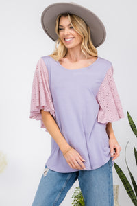 Celeste Contrast Eyelet Ruffle Sleeve Blouse