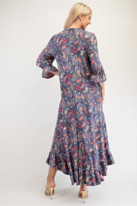 Celeste Ruffle Hem Paisley Round Neck Dress