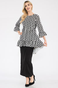 Celeste Houndstooth Flounce Sleeve High-Low Top