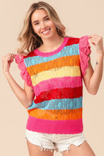 Load image into Gallery viewer, BiBi Pointelle Striped Ruffled Knit Top