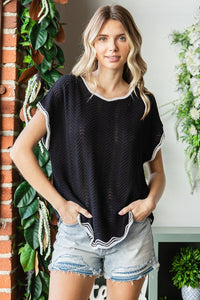 First Love Contrast Wavy Crochet Drop Shoulder Knit Top