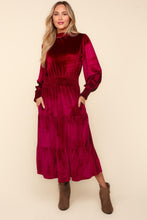 Load image into Gallery viewer, Haptics Mock Neck Smocked Waist Velvet Tiered Dress