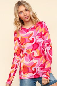 Haptics Heart Print Round Neck Long Sleeve T-Shirt