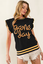 Load image into Gallery viewer, BiBi Game Day Letter Contrast Trim Ruffled Sleeveless Sweater