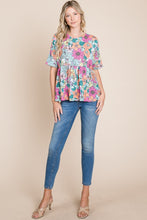 Load image into Gallery viewer, BOMBOM Floral Round Neck Short Sleeve Blouse