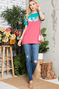 Celeste Flower Print Contrast Short Sleeve T-Shirt