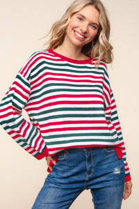 Haptics Striped Contrast Side Slit Knit Top