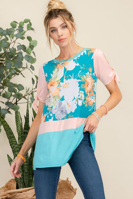 Celeste Open Tie Sleeve Floral Contrast Top