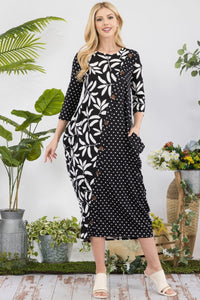 Celeste Floral Polka Dot Contrast Midi-Dress with Pockets