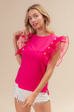 Load image into Gallery viewer, BiBi Pearl Decor Mesh Ruffle Sleeve Top