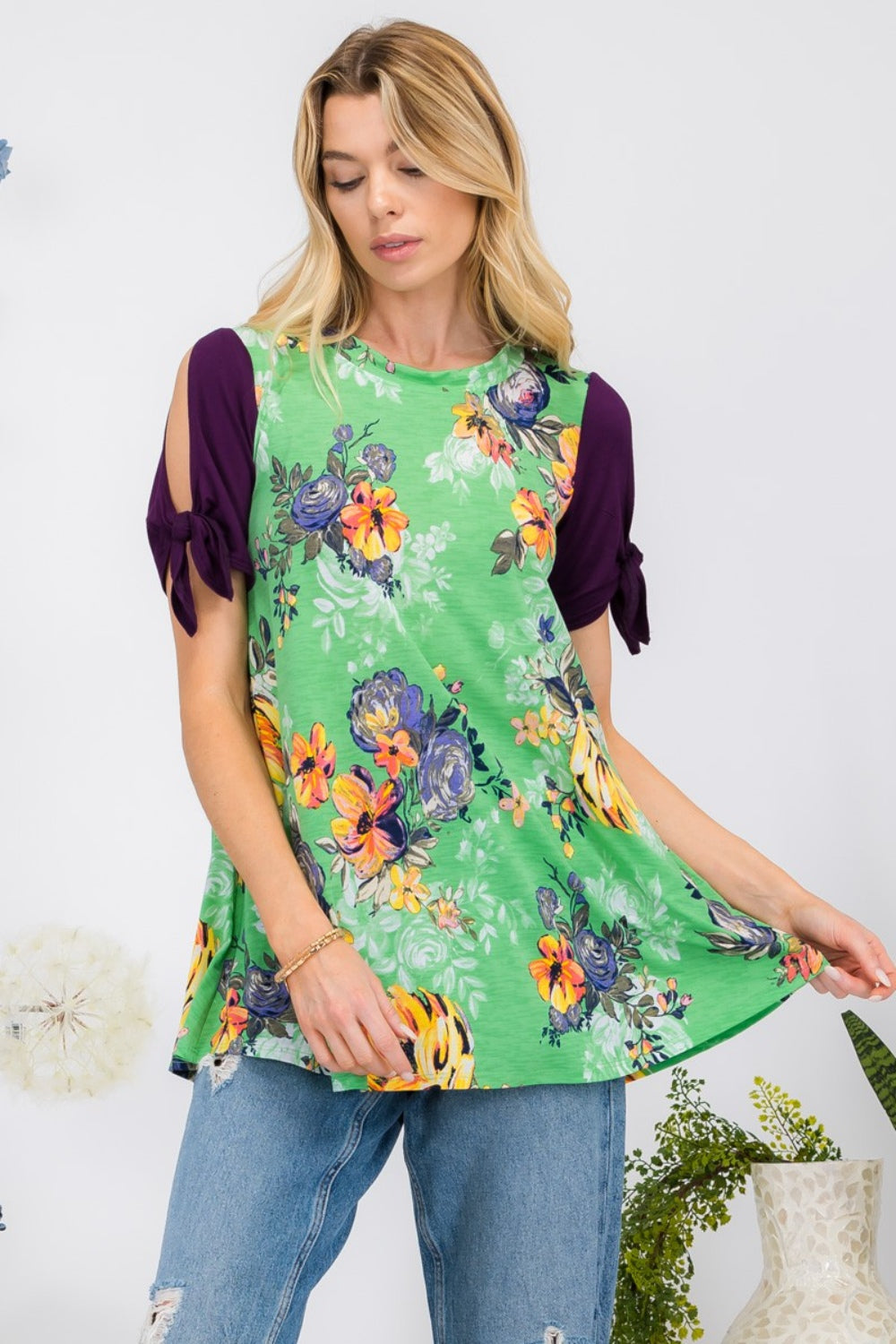 Celeste Open Tie Sleeve Round Neck Floral Blouse