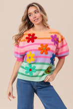 Load image into Gallery viewer, BiBi Flower Patch Puff Sleeve Striped Sweater