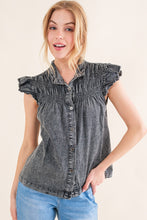 Load image into Gallery viewer, And The Why Ruffled Button Up Cap Sleeve Denim Top