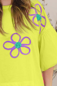 ODDI Full Size Flower Embroidery Detail T-Shirt