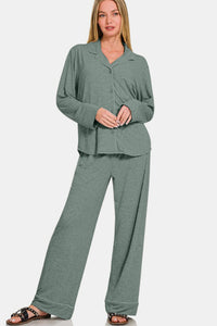 Zenana Button Down Long Sleeve Top and Pants Lounge Set