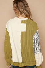 Load image into Gallery viewer, POL Exposed Seam Floral Patch Color Block Round Neck Sweatshirt