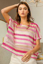 Load image into Gallery viewer, BiBi Striped Openwork Short Sleeve Knit Cover Up