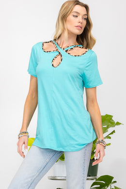 Celeste Crisscross Cutout Leopard Contrast Trim T-Shirt