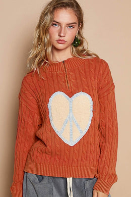 POL Cable-Knit Peace Patch Dropped Shoulder Sweater