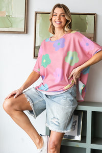 HOPELY Floral Round Neck Side Slit Waffle T-Shirt