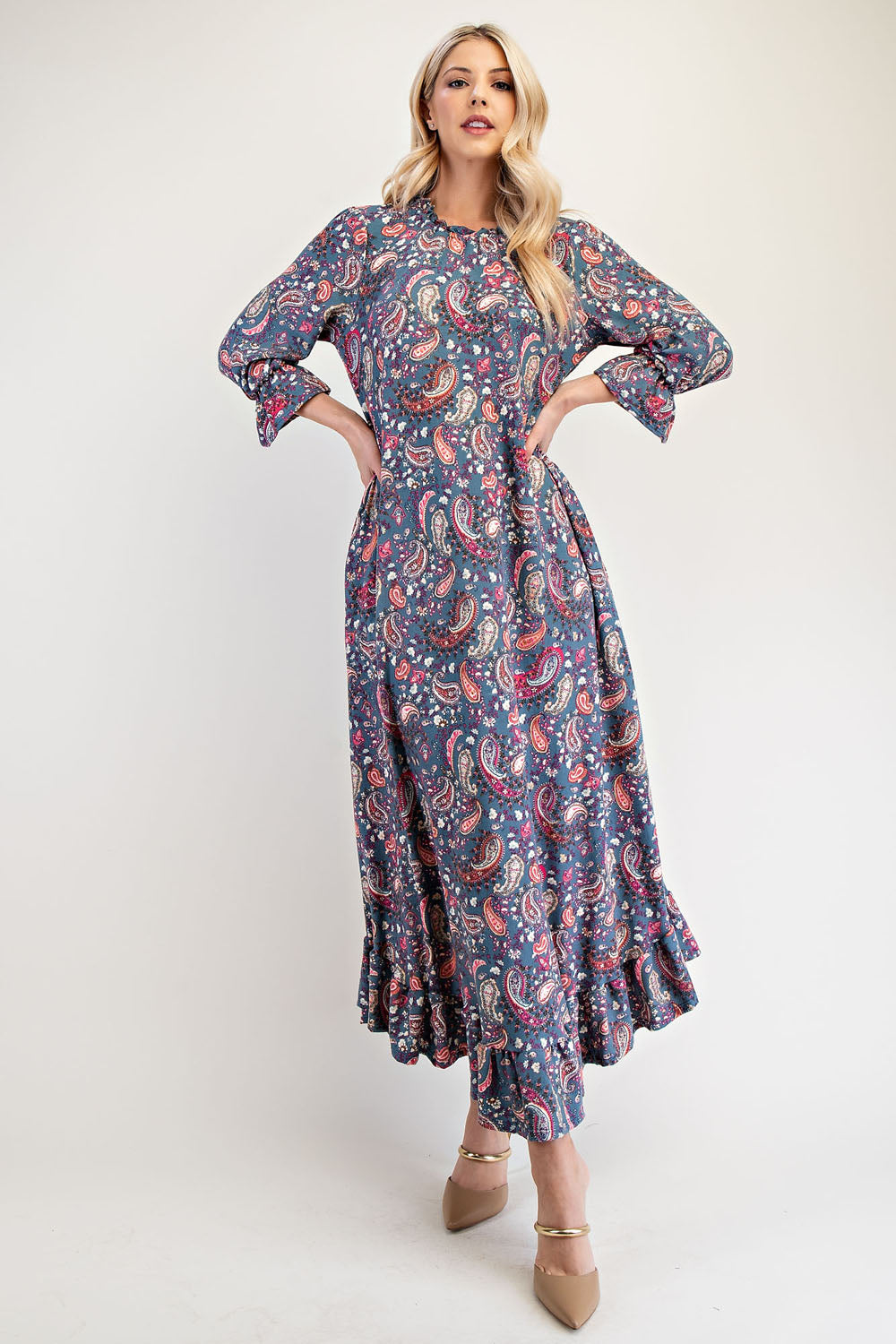 Celeste Ruffle Hem Paisley Round Neck Dress