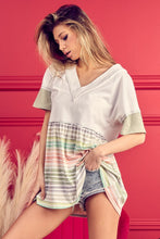 Load image into Gallery viewer, BiBi Striped Exposed Seam V-Neck Short Sleeve Blouse