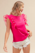 Load image into Gallery viewer, BiBi Pearl Decor Mesh Ruffle Sleeve Top