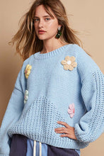 Load image into Gallery viewer, POL Crochet Flower Round Neck Dropped Shoulder Sweater