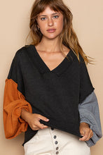 Load image into Gallery viewer, POL Exposed Seam Roll Edge Color Block V Neck Sweater