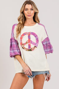 SAGE + FIG Peace Applique Patch with Plaid Contrast Top