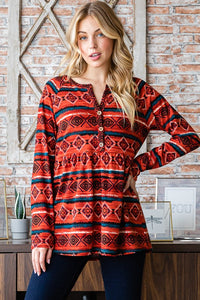 Heimish Geometric Button Detail Long Sleeve Babydoll Top