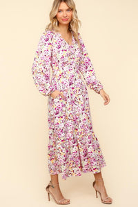 Haptics Floral V-Neck Long Sleeve Dress with Side Pockets